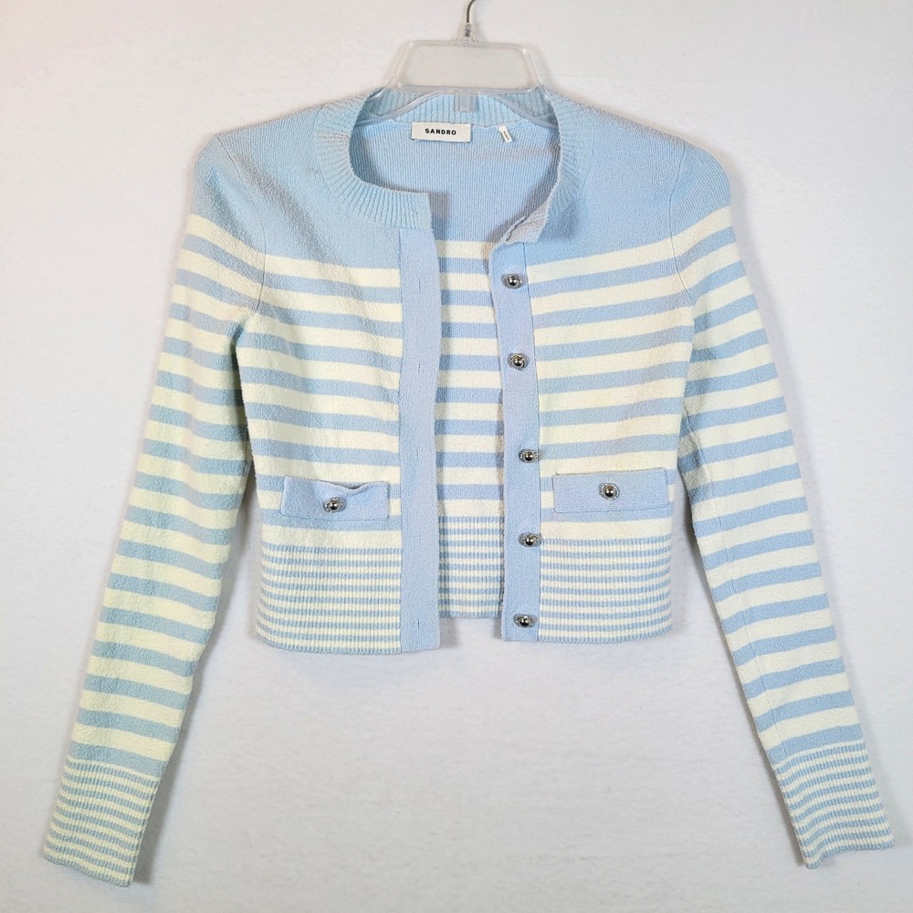 Sandro Light Blue and White Striped Knit Cardigan